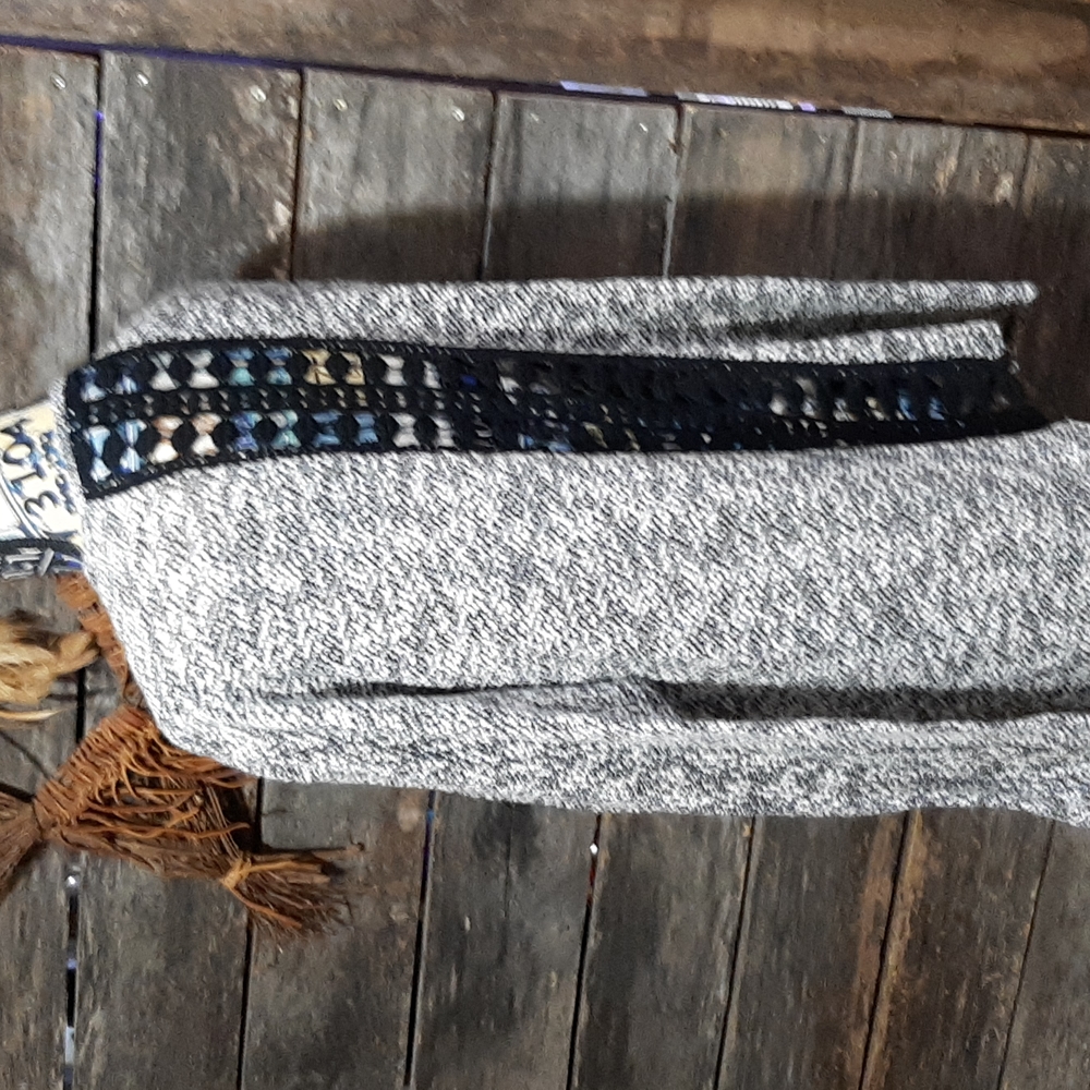 Gray open front cardigan with crochet line down back